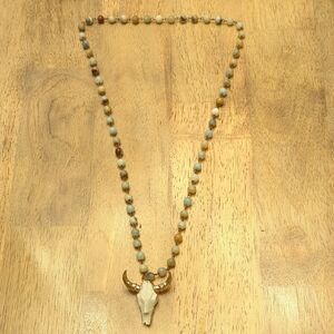Long Beaded Necklace with Bull Skull Pendant